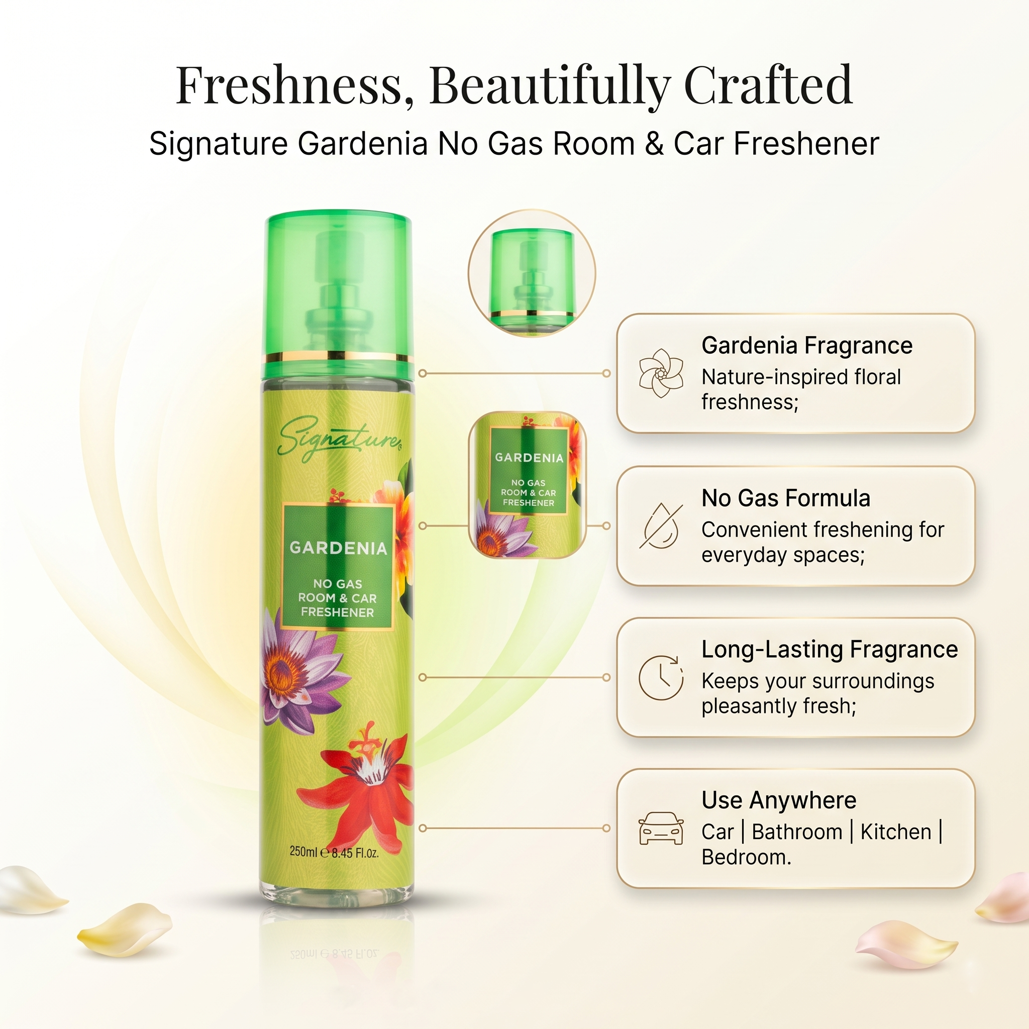 Gardenia Room Freshener Spray | 250 ML | Fresh & Pleasant Scent | Perfect for Home, Office or Car  Fragrances